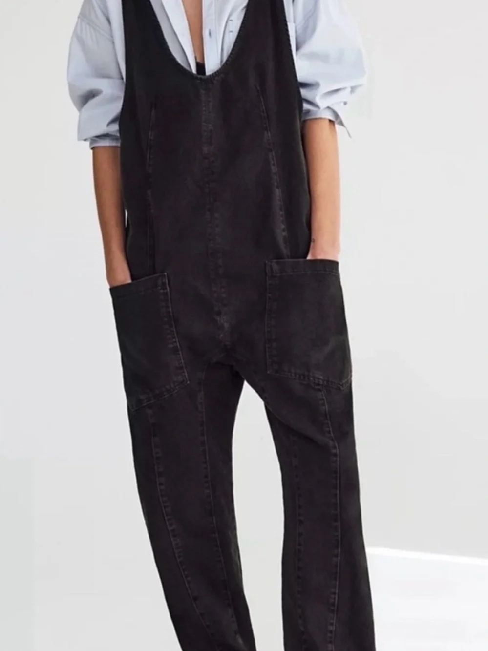 Free People High Roller Black Relaxed Denim Overalls Jumpsuit